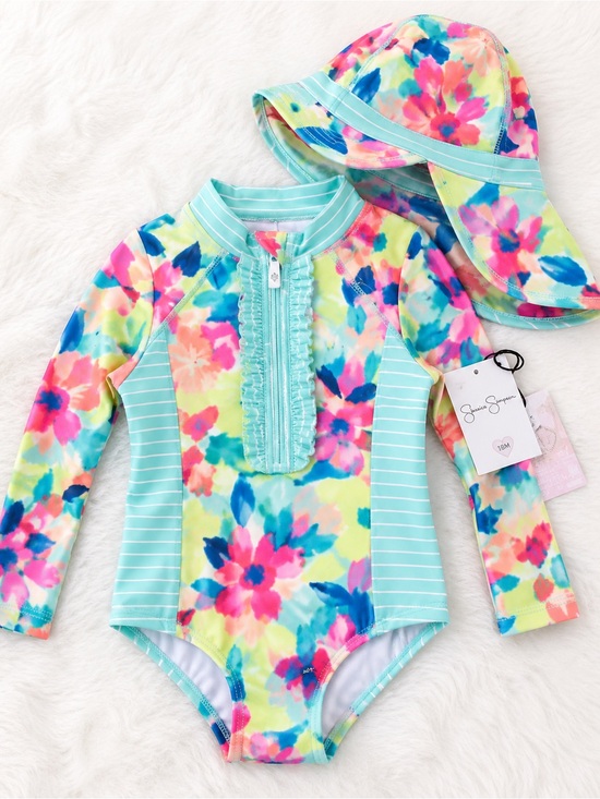 Jessica Simpson Other - NWT Jessica Simpson Baby Girls Floral Rash Guard Swimsuit & Sun Hat Set 18M